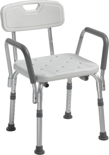 Drive Medical 12445KD-1 Shower Chair with Back and Padded Arms, Adjustable Height Shower Stool with Nonslip Feet, Tub Chair, Shower Chair for Elderly, Bath Seat with Back, 350 LB Weight Cap, White