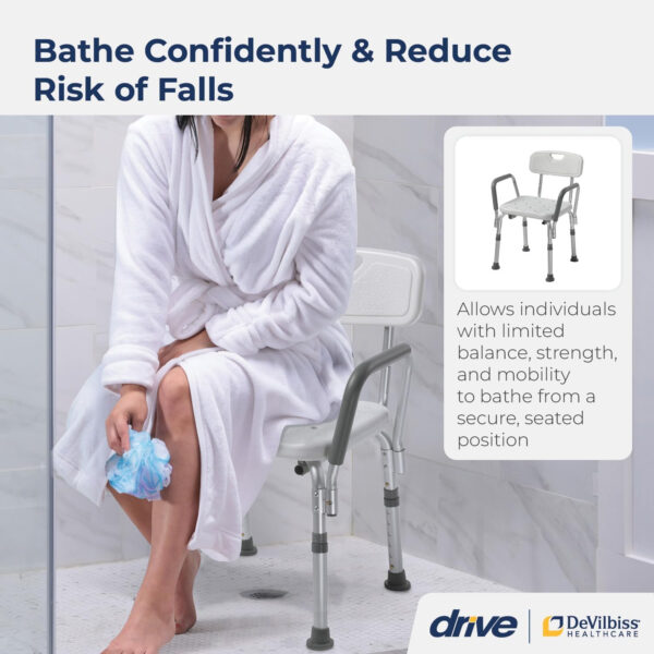 Drive Medical 12445KD-1 Shower Chair with Back and Padded Arms, Adjustable Height Shower Stool with Nonslip Feet, Tub Chair, Shower Chair for Elderly, Bath Seat with Back, 350 LB Weight Cap, White