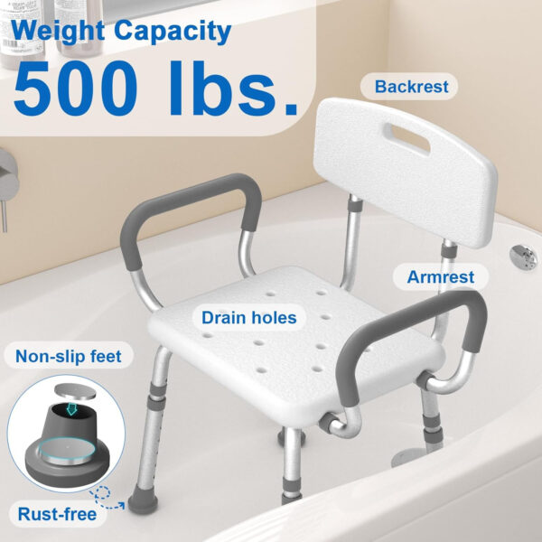 Shower Chair for Inside Shower with Arms and Back, FSA/HSA Eligible 500 lbs Heavy Duty Shower Seat for Bathtub, Height Adjustable Safety Bath Seat for Elderly, Adults, Handicap and Disabled