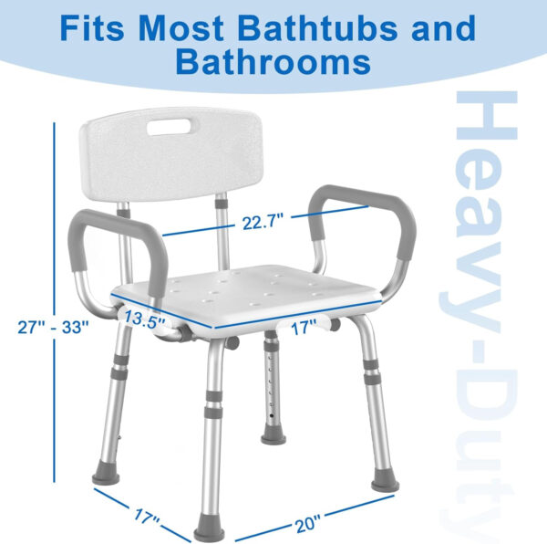 Shower Chair for Inside Shower with Arms and Back, FSA/HSA Eligible 500 lbs Heavy Duty Shower Seat for Bathtub, Height Adjustable Safety Bath Seat for Elderly, Adults, Handicap and Disabled