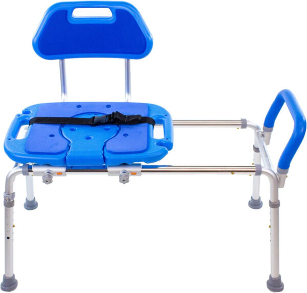 Platinum Health Sliding Shower Chair HydroGlyde Premium Heavy Duty, Padded Bathtub Transfer Bench with Cut Out Seat, for Bath Tub, Adjustable Legs, and Safety Belt, Quick Tool-Less Assembly, Blue