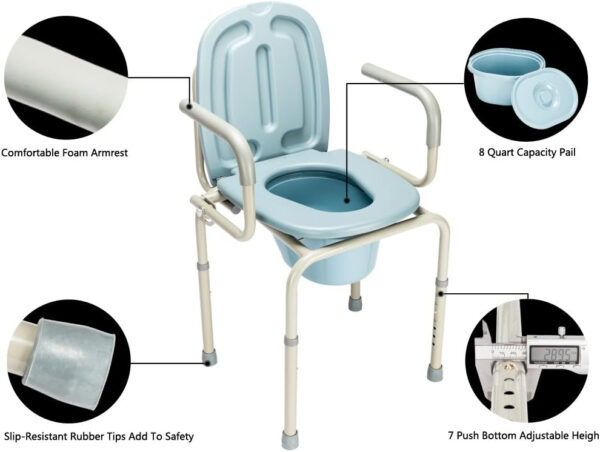 mefeir 450lbs Drop Arm Medical Bedside Commode Chair, Homecare Toilet Seat with Safety Steel Frame, 8 Quart Capacity Pail, Adjustable Height Support Tool-Free Assembly