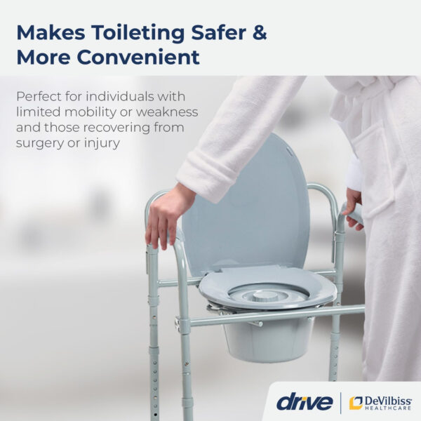 Drive Medical RTL11158KDR Folding Steel Bedside Commode Chair, Portable Toilet, 350 Pound Weight Capacity with 7.5 Qt. Bucket, Grey