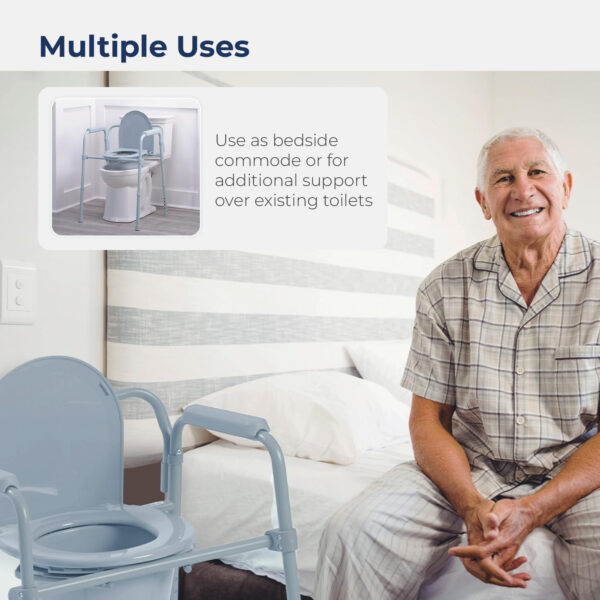 Drive Medical RTL11158KDR Folding Steel Bedside Commode Chair, Portable Toilet, 350 Pound Weight Capacity with 7.5 Qt. Bucket, Grey