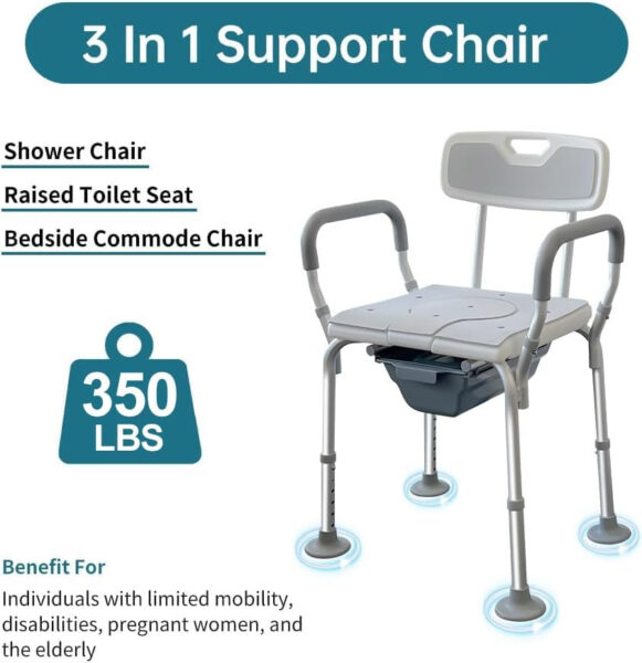 Eosprim 4In1 Heavy Duty Bedside Commode Toilet Chair for Seniors, Raised Toilet Seat Riser with Handles Arms, Portable Potty Shower Chair, Toilet Safety Rails Frame for Elderly Handicap Adult