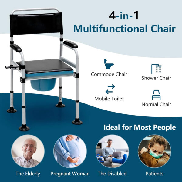 Goplus 4-in-1 Folding Bedside Commode, 440lbs Commode Chair for Toilet with Arms, Padded Seat, Height Adjustable Bedside Toilet, Shower Chair, Adult Potty Chair for Seniors Elderly Disabled Bariatric