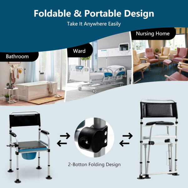 Goplus 4-in-1 Folding Bedside Commode, 440lbs Commode Chair for Toilet with Arms, Padded Seat, Height Adjustable Bedside Toilet, Shower Chair, Adult Potty Chair for Seniors Elderly Disabled Bariatric