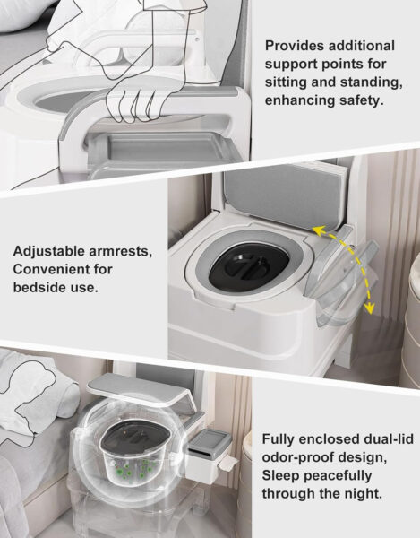 Bedside Commode, Portable Toilet for Foldable Armrests, 15″-17″ Seat Width Safety Commode Toilet for Elderly and Disabled, Height Adjustable Bedside Commodes for Seniors