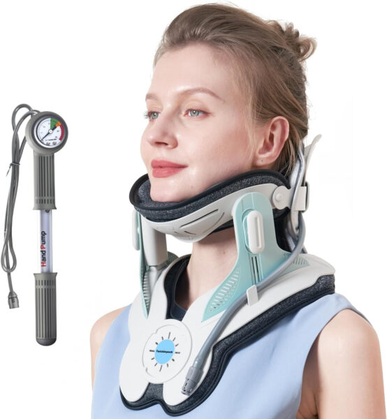 Twinklepoch Cervical Neck Traction Device, Cervical Traction Device for Neck Pain Relief, Adjustable 3 Power Tractions Neck Stretcher Cervical Traction, Manual Air Pump, Home Use (Blue)