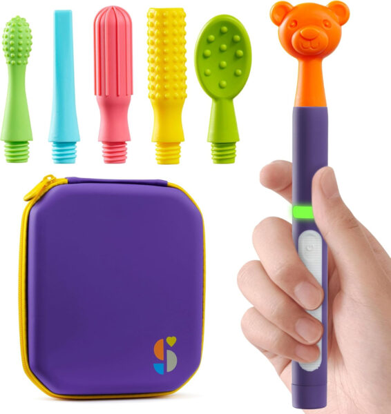 Special Supplies Buzz Buddy Oral Motor Stimulation kit with 6 Soft Textured Interchangeable Heads, Calm Sensory Needs, Support Speech, and Stimulate Self Feeding, Gentle Vibrations (Purple)