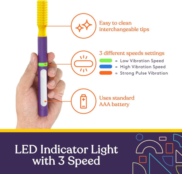 Special Supplies Buzz Buddy Oral Motor Stimulation kit with 6 Soft Textured Interchangeable Heads, Calm Sensory Needs, Support Speech, and Stimulate Self Feeding, Gentle Vibrations (Purple)