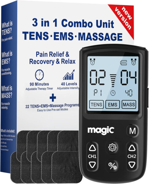 Tens Unit Muscle Stimulator Machine – Dual Channel Electronic Pulse Massager, Tens EMS Machine for Pain Relief Therapy with 10 Electrode Tens Unit Replacement Pads (2″x2″)