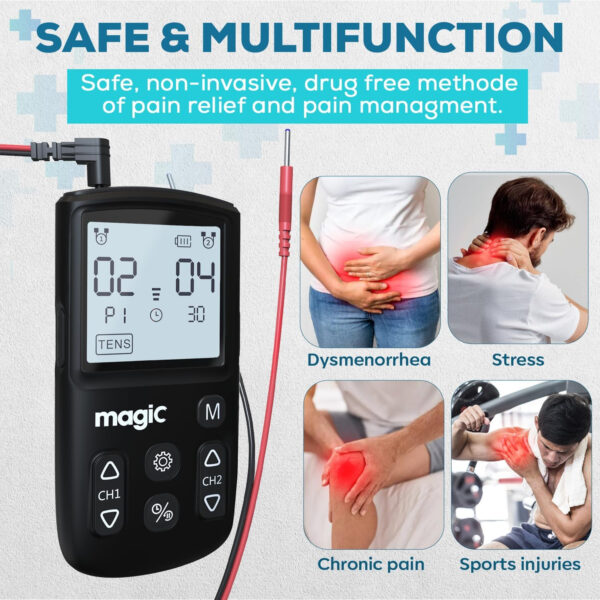 Tens Unit Muscle Stimulator Machine – Dual Channel Electronic Pulse Massager, Tens EMS Machine for Pain Relief Therapy with 10 Electrode Tens Unit Replacement Pads (2″x2″)