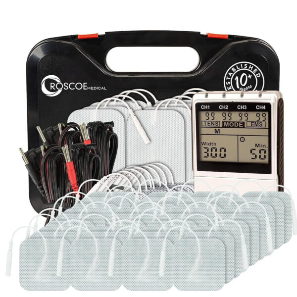 Roscoe Medical 4 Channel EMS and TENS Unit Muscle Stimulator with 48 Pack of Electrodes
