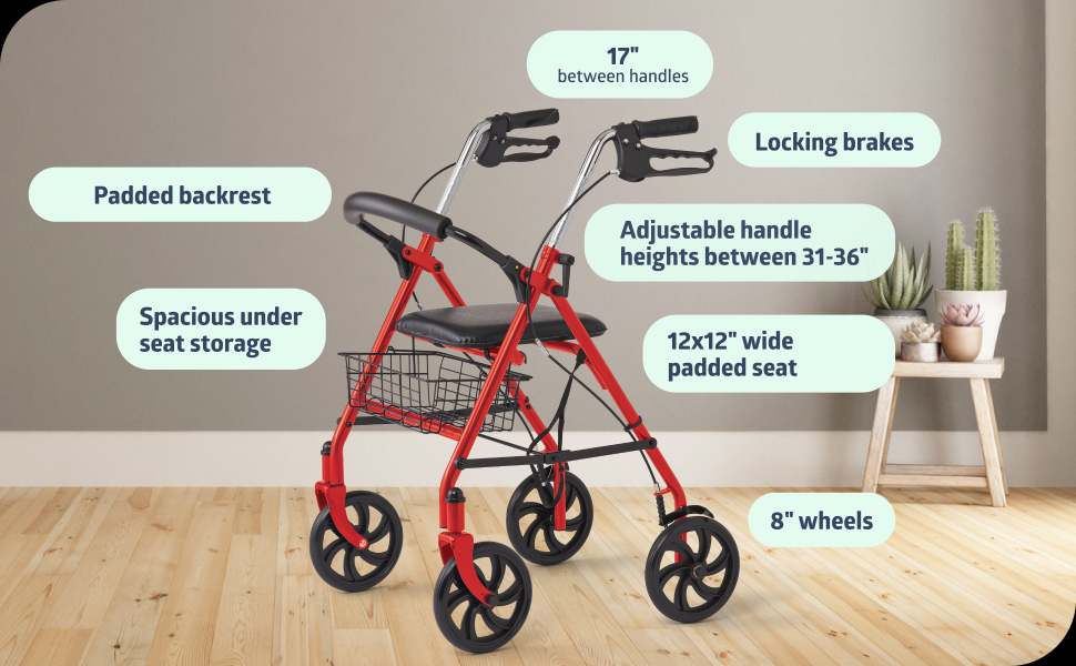 Steel Rollator Walker with Seat, Red