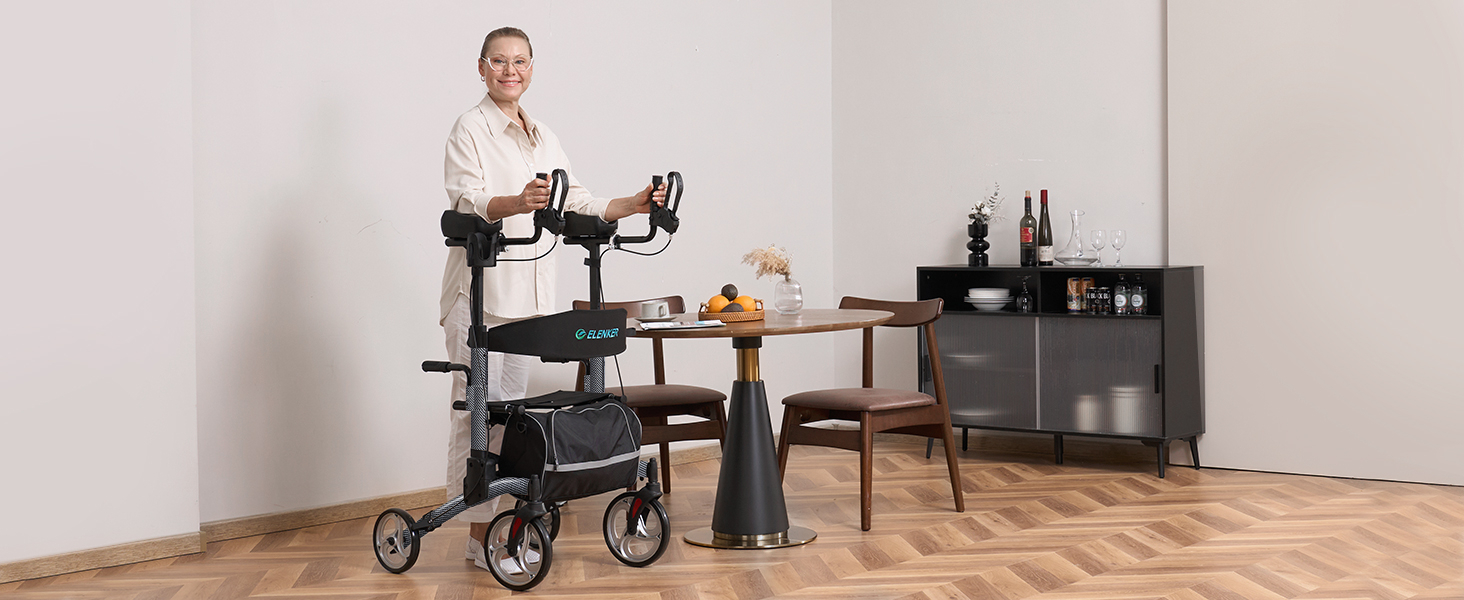 upright walker with folding seat