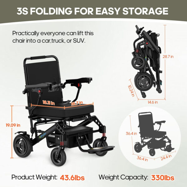 Electric Wheelchairs for Adults Ultra Lightweight Foldable Electric Wheelchair for Seniors All Terrain Power Motorized Wheelchair Airline Approved USA Made (Black)