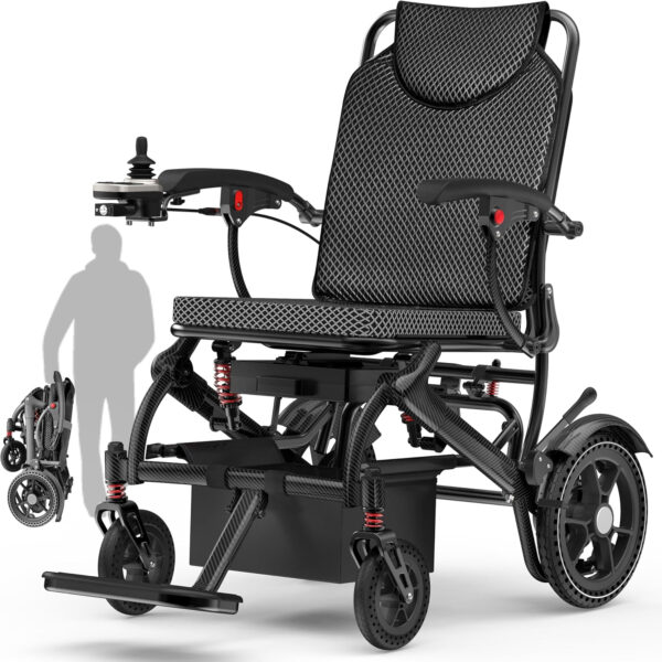 Electric Wheelchairs for Adults Foldable Lightweight 36LBS, 15 Miles Range, Support 350 LBS, 500W Brushless Motors Power Motorized for Seniors with LED Light, Airline Approval(Carbon Filber Color)