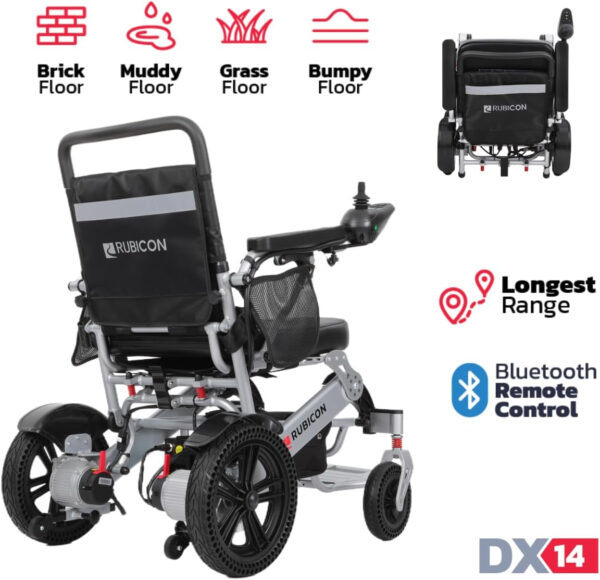 Rubicon DX14 – Longest Range 30 Miles, Airline Approved Electric Wheelchair, Dual 12AH Lithium Batteries, 2x300W Motors, Leather Cushion, Foldable, Lightweight & Powerful