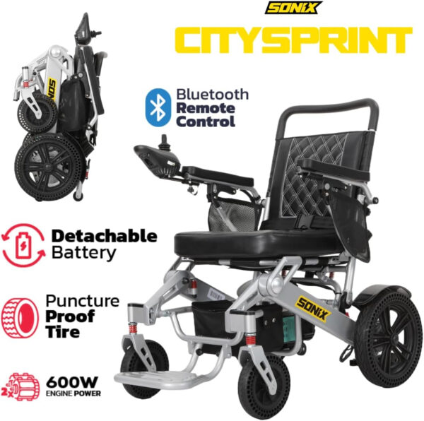 Sonix S140 Next Generation Electric Wheelchair – 30-Mile Range, 600W Motor Power, Dual 12AH Batteries, Leather Cushion, Deluxe Series, Foldable, Airline Approved, All-Terrain, High-Performance Design