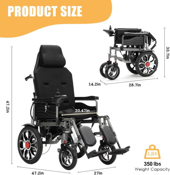 Reclining Foldable Electric Wheelchair,Power Wheelchair for Adults Seniors,20Miles Travel Range Lightweight All Terrain Motorized Wheelchair,Airline Approved,Capacity 350 lbs