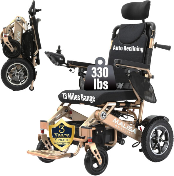 MALISA Electric Wheelchair, Foldable Lightweight All Terrain Power Wheelchairs for Adults, Auto Reclining Backrest, Motorized Wheel Chair, Lightweight All Terrain Wheelchairs (Bronze Frame)