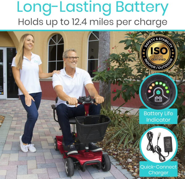 Vive 4 Wheel Mobility Scooter – Electric Powered Wheelchair Device – Compact Heavy Duty Mobile for Travel, Adults, Elderly – Long Range Power Extended Battery with Charger & Basket (FSA/HSA Eligible)