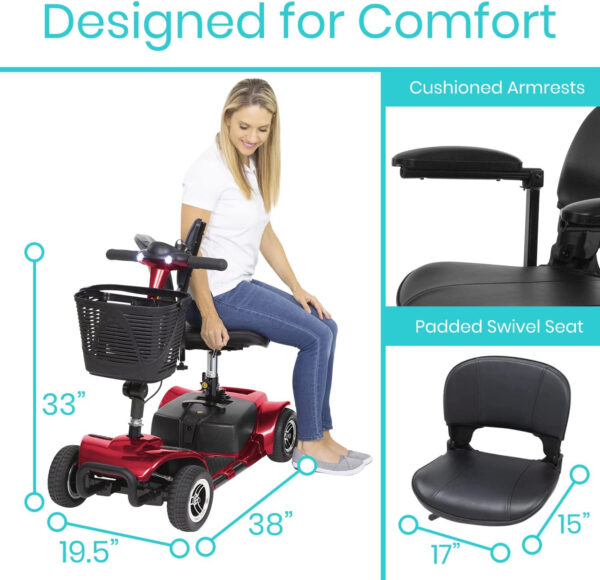 Vive 4 Wheel Mobility Scooter – Electric Powered Wheelchair Device – Compact Heavy Duty Mobile for Travel, Adults, Elderly – Long Range Power Extended Battery with Charger & Basket (FSA/HSA Eligible)