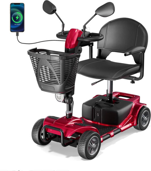 4 Wheel Mobility Scooter, Electric Powered Chargeable Electric Mobility Scooters, Heavy Duty Foldable Motorized Scooter with Headlight, Basket, Charger, FSA/HSA Eligible, D41 (Red)