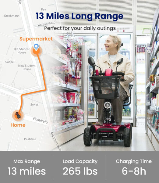 4 Wheel Mobility Scooter, Electric Powered Chargeable Electric Mobility Scooters, Heavy Duty Foldable Motorized Scooter with Headlight, Basket, Charger, FSA/HSA Eligible, D41 (Red)
