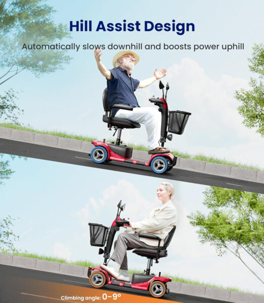4 Wheel Mobility Scooter, Electric Powered Chargeable Electric Mobility Scooters, Heavy Duty Foldable Motorized Scooter with Headlight, Basket, Charger, FSA/HSA Eligible, D41 (Red)