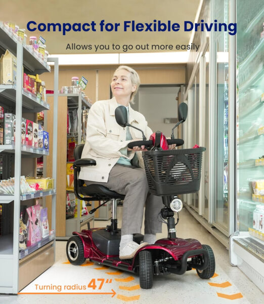 4 Wheel Mobility Scooter, Electric Powered Chargeable Electric Mobility Scooters, Heavy Duty Foldable Motorized Scooter with Headlight, Basket, Charger, FSA/HSA Eligible, D41 (Red)