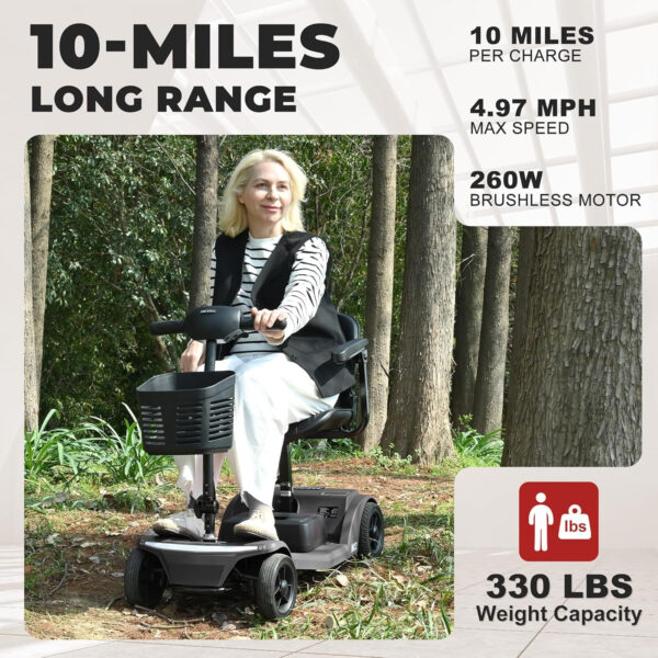 Metro Mobility 4 Wheel Powered Mobility Scooters, 330 lbs Capacity Mobility Scooters for Adults, Folding Mobility Scooter Lightweight, Electric Scooters for Seniors 10 Miles Range LED Light Black