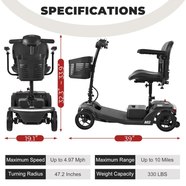 Metro Mobility 4 Wheel Powered Mobility Scooters, 330 lbs Capacity Mobility Scooters for Adults, Folding Mobility Scooter Lightweight, Electric Scooters for Seniors 10 Miles Range LED Light Black