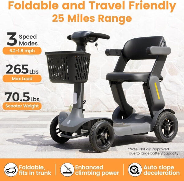 S3 Foldable Mobility Scooter for Adults, Seniors – 25 Miles Range, 6 mph, Lightweight Mobility Scooter for Travel, Improved Safety, Large Wheels for Outdoor, LED Headlight, Basket