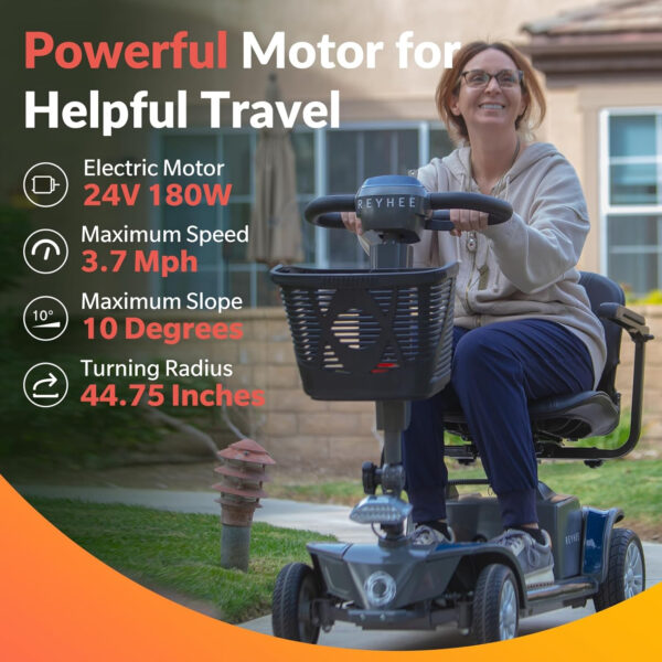 Reyhee Cruiser Powered Folding Mobility Scooters with Lengthened Legroom, 3.75MPH Max Speed & 15 Miles Range, 180W Electric Scooter for Adults Seniors with Height-Adjustable Seat (Black)