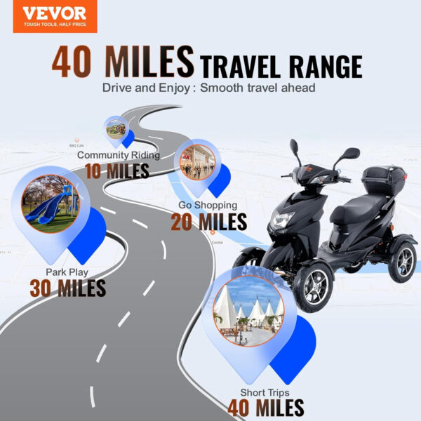 VEVOR Heavy Duty 4-Wheel Mobility Scooters for Seniors & Adults 450lbs Capacity – 40 Miles 3-Speed Long Range, 500W All Terrain Electric Recreational Scooter Wheelchair with 20° Max Climbing Capacity