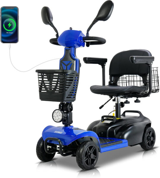 25-45 Miles Range Electric Mobility Scooters for Adults&Seniors, 300 lb Weight Capacity, 4 Wheel Foldable Mobility Scooters,Portable Mobility Scooter with Removed Lithium Battery (Blue)
