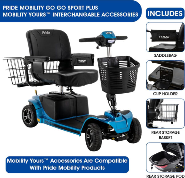 Pride Mobility Revo 2.0 + Accessoires, Pride 4 Wheel Heavy Duty Mobility Scooter for Adults and Seniors, 400 lb Capacity, 20″ Wide Seat,17.8 Miles Per Charge, CTS Suspension, Ext Warranty (Blue)