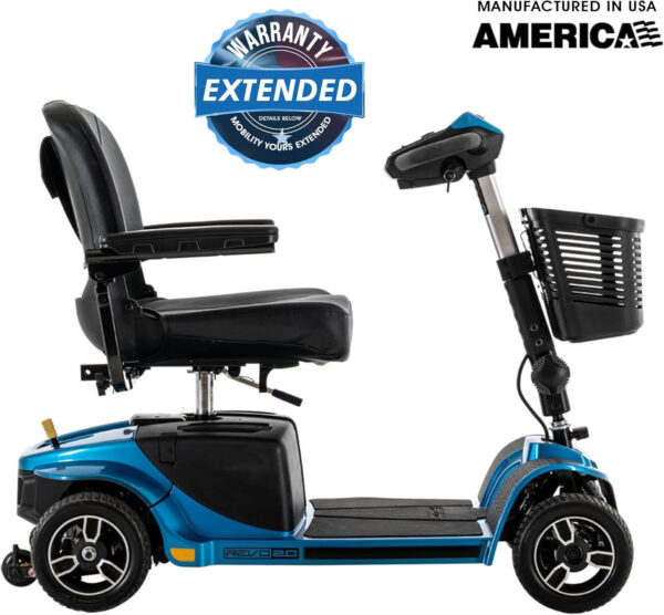 Pride Mobility Revo 2.0 + Accessoires, Pride 4 Wheel Heavy Duty Mobility Scooter for Adults and Seniors, 400 lb Capacity, 20″ Wide Seat,17.8 Miles Per Charge, CTS Suspension, Ext Warranty (Blue)