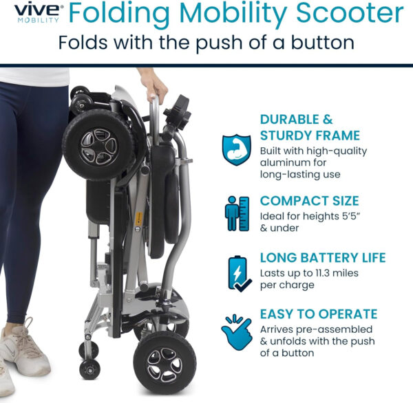 Vive Folding Mobility Scooter – Electric Powered Wheelchair, 4 Wheel, Handicap Foldable Motorized Chair for Adults, Seniors – Lightweight Compact Mobile Travel, TSA Approved – Long Range Battery