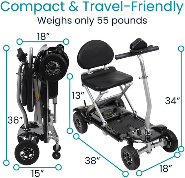 Vive Folding Mobility Scooter – Electric Powered Wheelchair, 4 Wheel, Handicap Foldable Motorized Chair for Adults, Seniors – Lightweight Compact Mobile Travel, TSA Approved – Long Range Battery