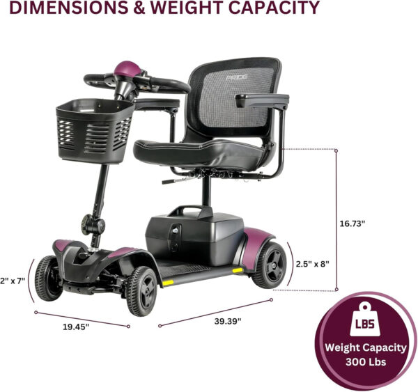 Pride Mobility Go Go Elite Traveller 2 4-Wheel Scooter – Travel Mobility for Adults, 18 Ah Battery, 300 Lbs Weight Capacity, 17″x17″ Foldable Seat, Sugar Plum – SC442E w/18AH