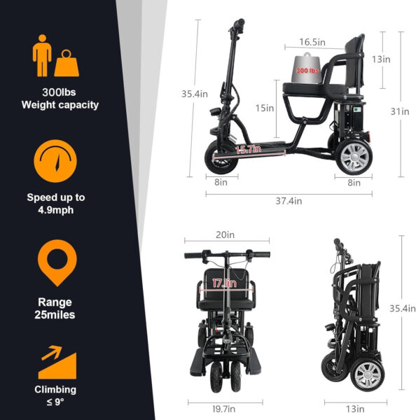 25Miles All Terrain Mobility Scooters with Removable 12AH Battery, Increased Stability Portable, 4 Wheels Foldable Powered Mobility Scooters for Adults/Travel Lightweight, Airline Approved