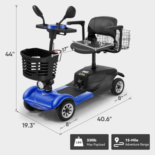 Heavy-Duty 4-Wheel Mobility Scooter for Adults & Seniors – Foldable Compact Travel Scooter with Long-Lasting Battery, LED Lights, Removable Basket – Portable Design (Blue)