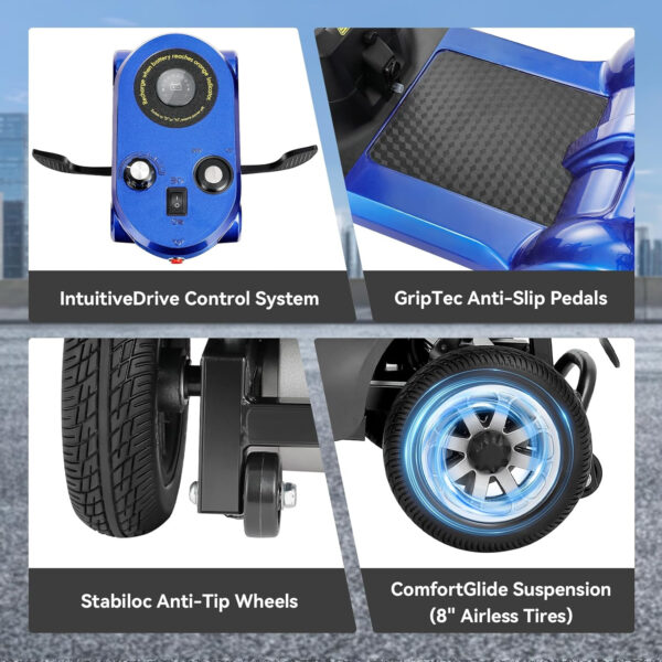 Heavy-Duty 4-Wheel Mobility Scooter for Adults & Seniors – Foldable Compact Travel Scooter with Long-Lasting Battery, LED Lights, Removable Basket – Portable Design (Blue)