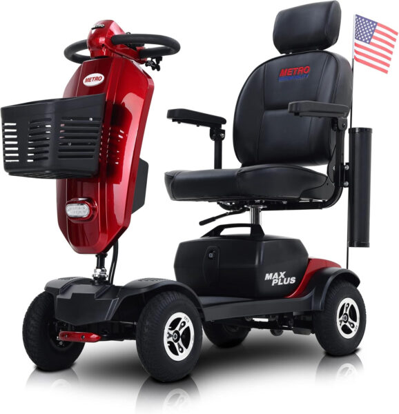 Christmas Gift for Mom Dad Parents 4 Wheel Metro Mobility Scooters for Seniors and Adults -Long Range Power Extended Battery-w/Charger and 2 Detachable Lead-Acid Batteries and Charger-Max Plus Red