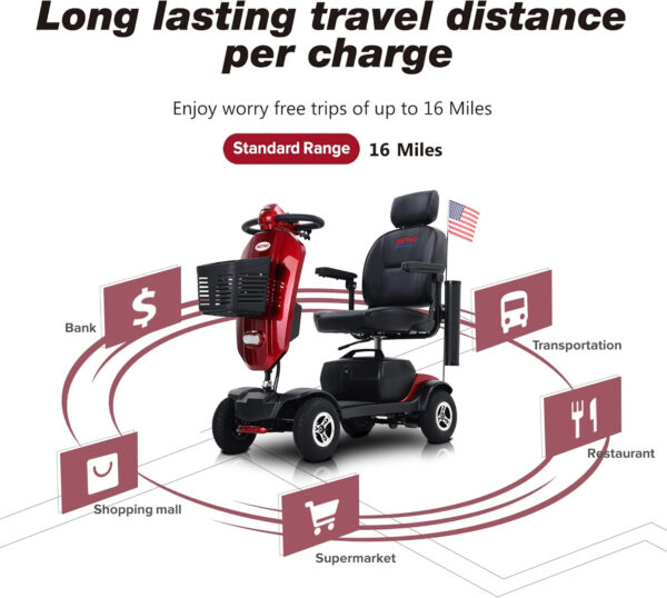 Christmas Gift for Mom Dad Parents 4 Wheel Metro Mobility Scooters for Seniors and Adults -Long Range Power Extended Battery-w/Charger and 2 Detachable Lead-Acid Batteries and Charger-Max Plus Red