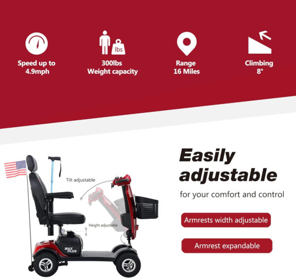 Christmas Gift for Mom Dad Parents 4 Wheel Metro Mobility Scooters for Seniors and Adults -Long Range Power Extended Battery-w/Charger and 2 Detachable Lead-Acid Batteries and Charger-Max Plus Red