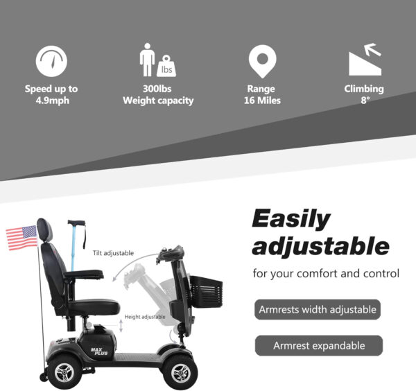 Christmas Gift for Mom Dad Parents Metro Mobility Scooter for Seniors-4 Wheel Compact Powered Mobility Scooters for Adults with Seat-300 lbs Capacity-w/Charger and Basket-Max Plus Grey